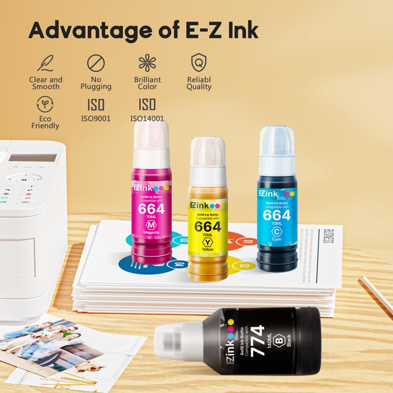 E-Z Ink Remanufactured 774 664 Ink Refill Bottles Replacement for Epson 664 Ink Refill Bottles T774 for L100 ET-3600 ET-2650 ET-4550 ET-16500 ET-4500 ET-2550 ET-2600(Black Cyan Magenta Yellow,4 Pack) - Image 4